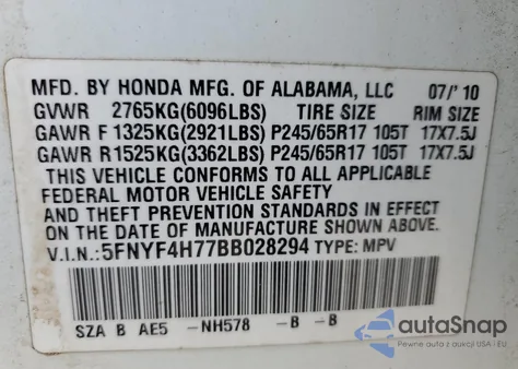 2011 Honda Pilot Exln z USA, uszkodzony, nr VIN 5FNYF4H77BB028294